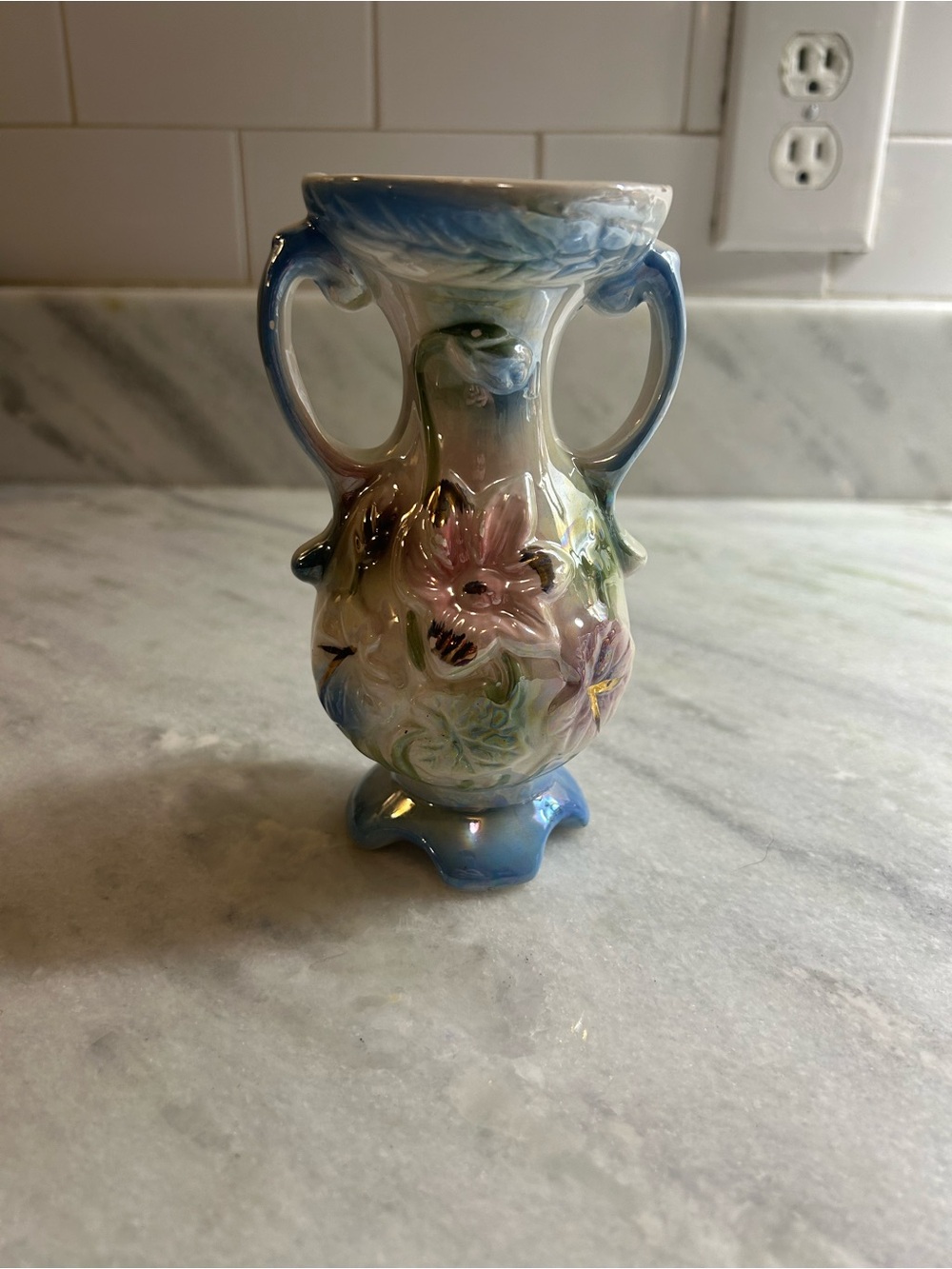 Hand-Painted Blue Floral Porcelain Vase with Dual Handles